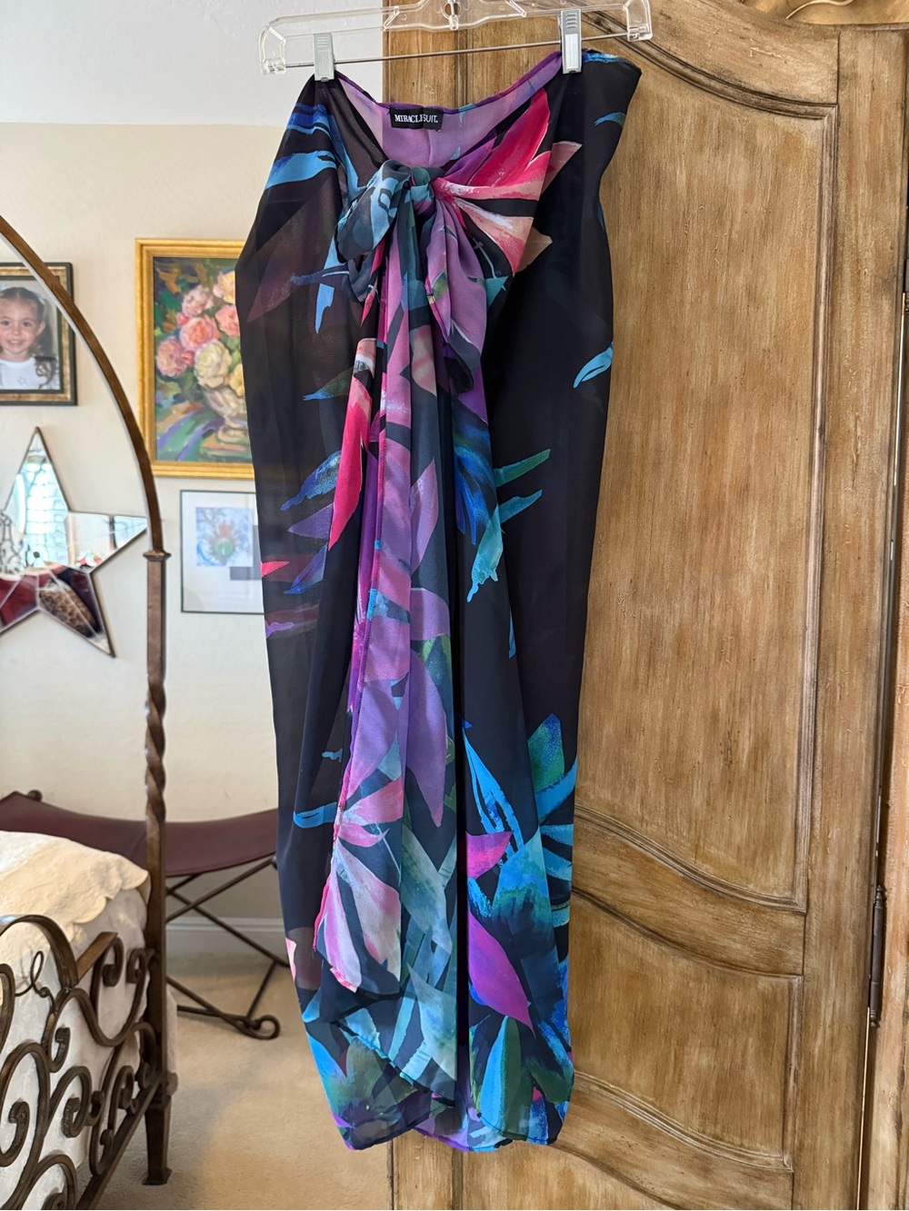 Miraclesuit Black Swim Sarong with Blue, Purple and Pink Tropical Print